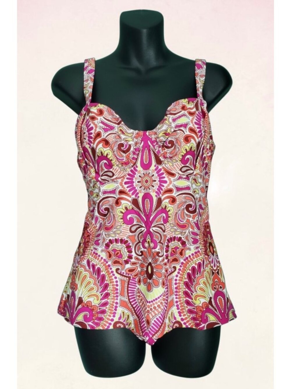 TITLE NINE Pink + Yellow Paisley Print Scoop Neck Takini Swim Top Size 36C